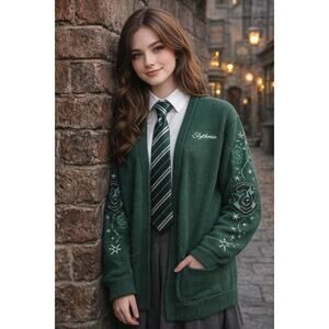 Harry Potter Slytherin Cardigan Womens Large Green Wizarding World Sweater